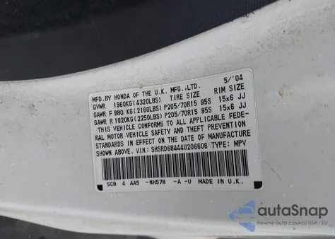 2004 Honda Cr-V Lx from USA, damaged, VIN SHSRD68444U206606